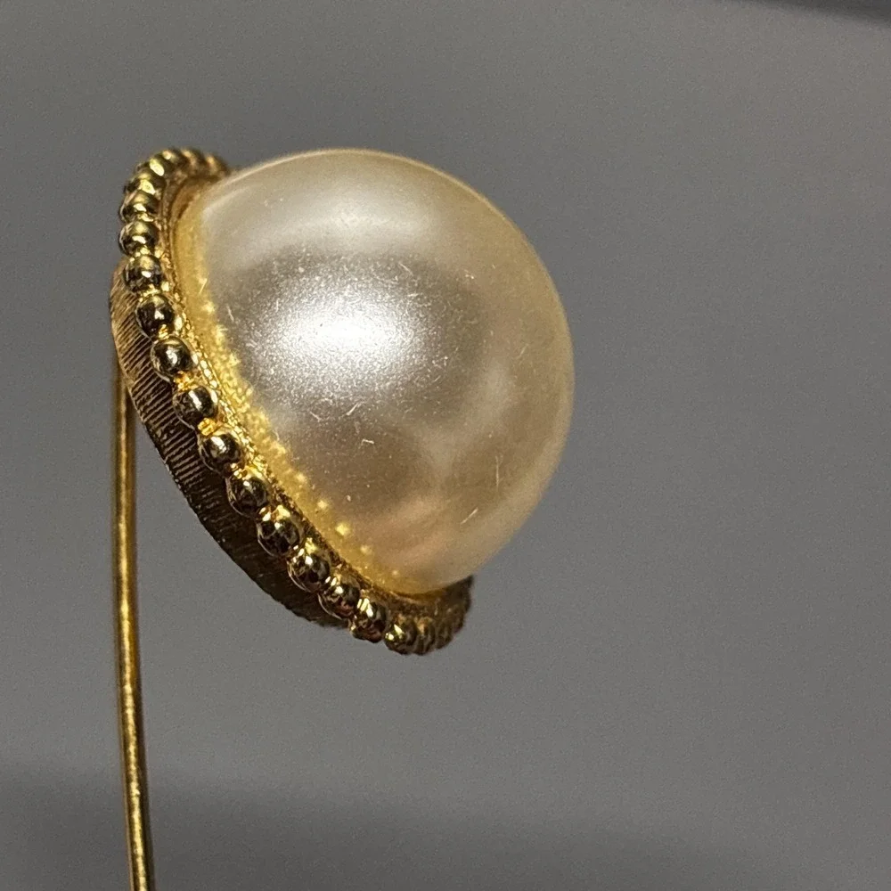 Gold Tone Faux Pearl Dome Stick Lapel Hat Pin Brooch Beaded‎ Costume Jewelry